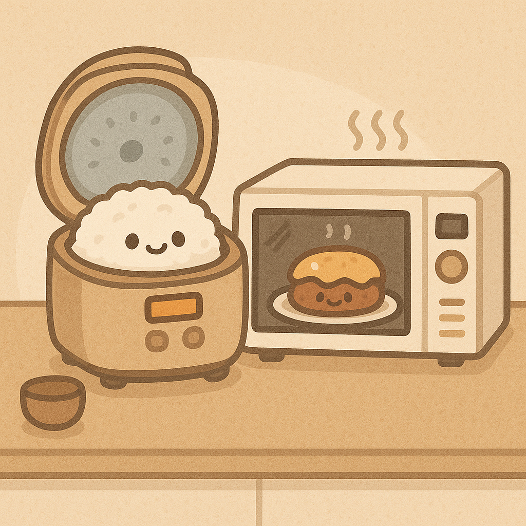 炊飯器と電子レンジが活躍しているイラスト