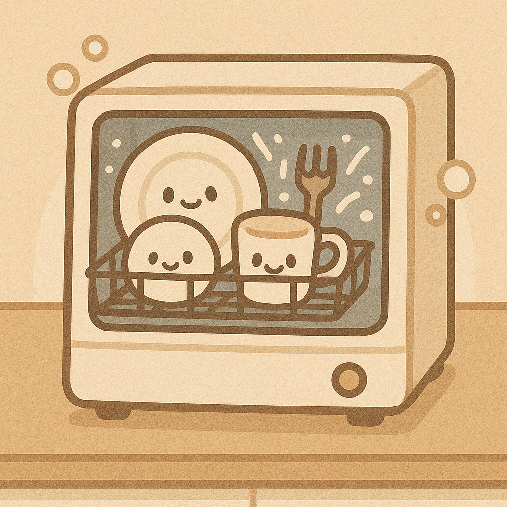 食器洗浄機が食器を洗浄しているイラスト