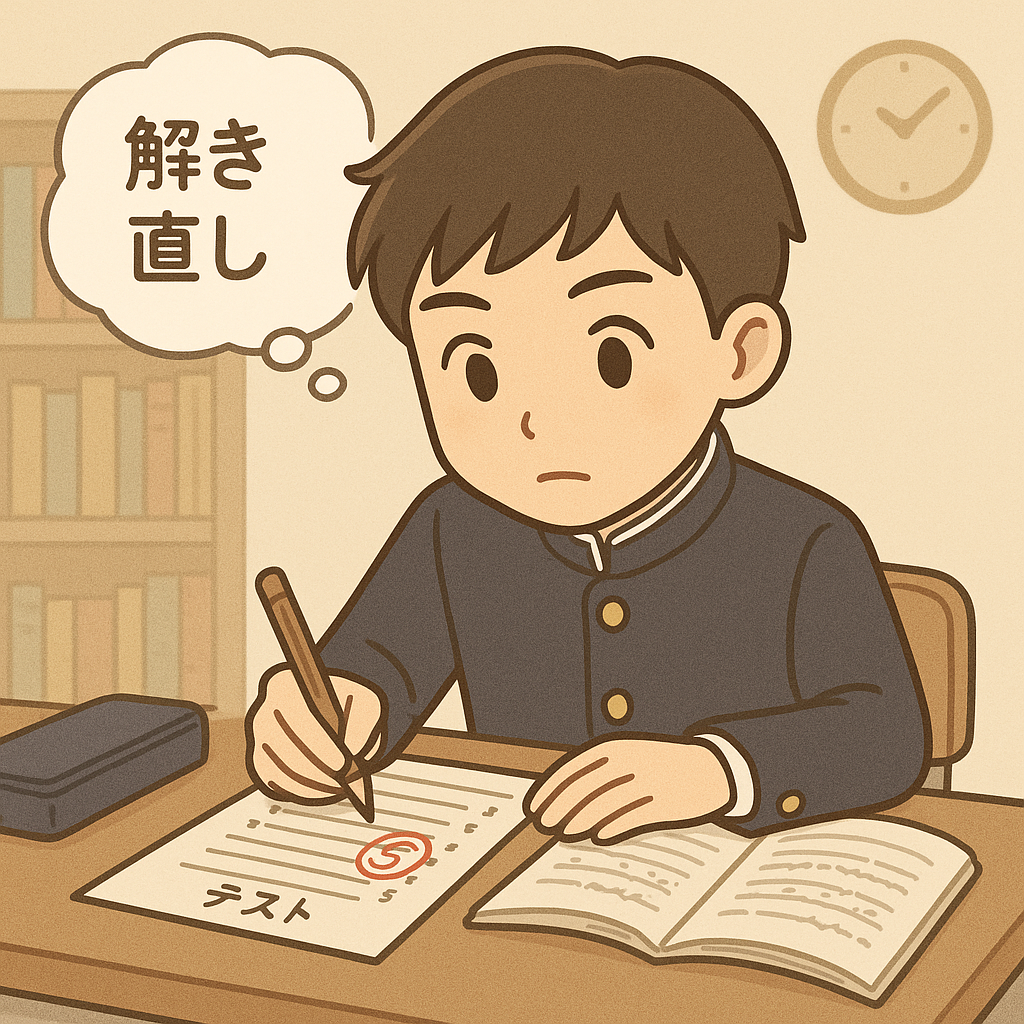 テストの解き直しをしている男の子のイラスト