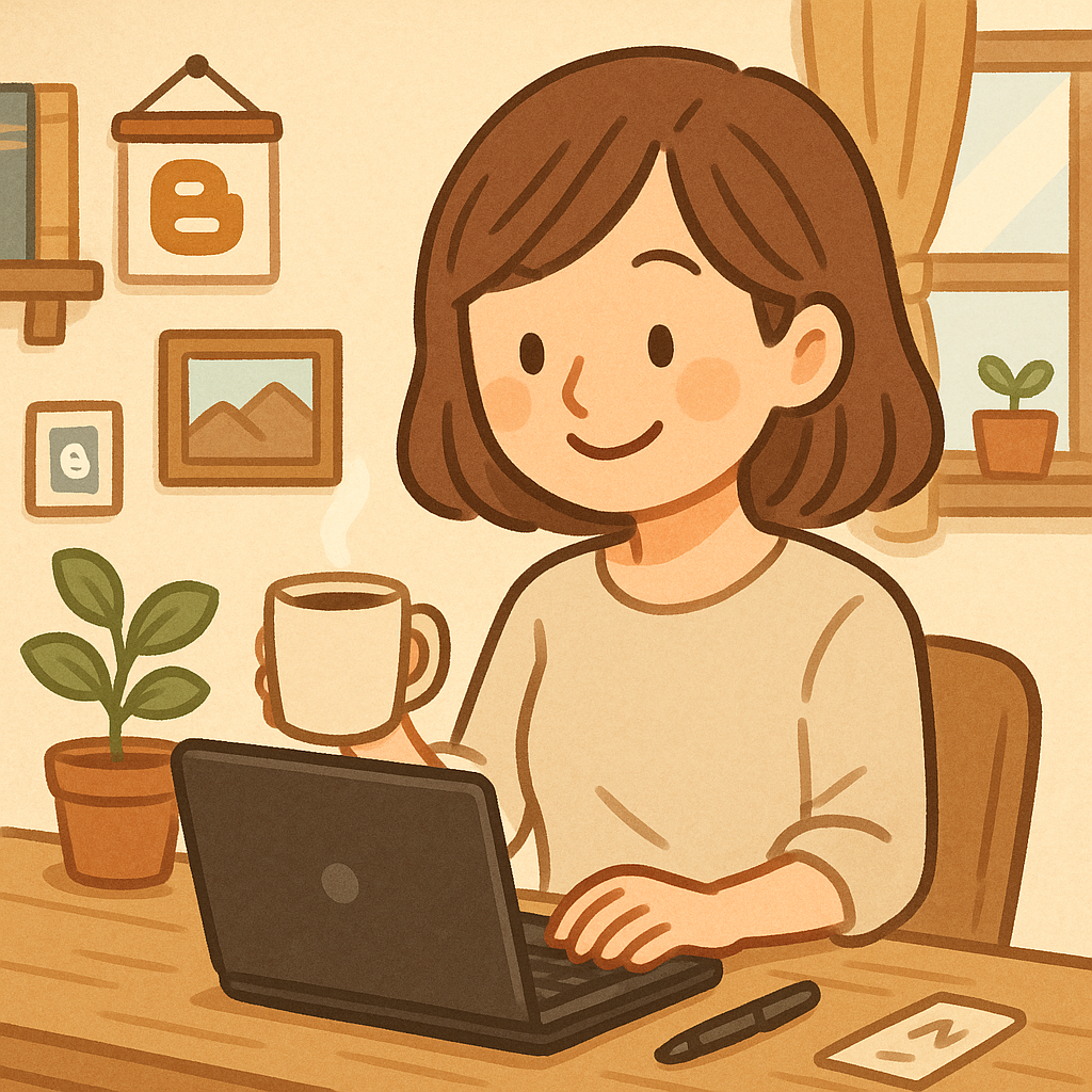 パソコン作業しているお母さんのイラスト