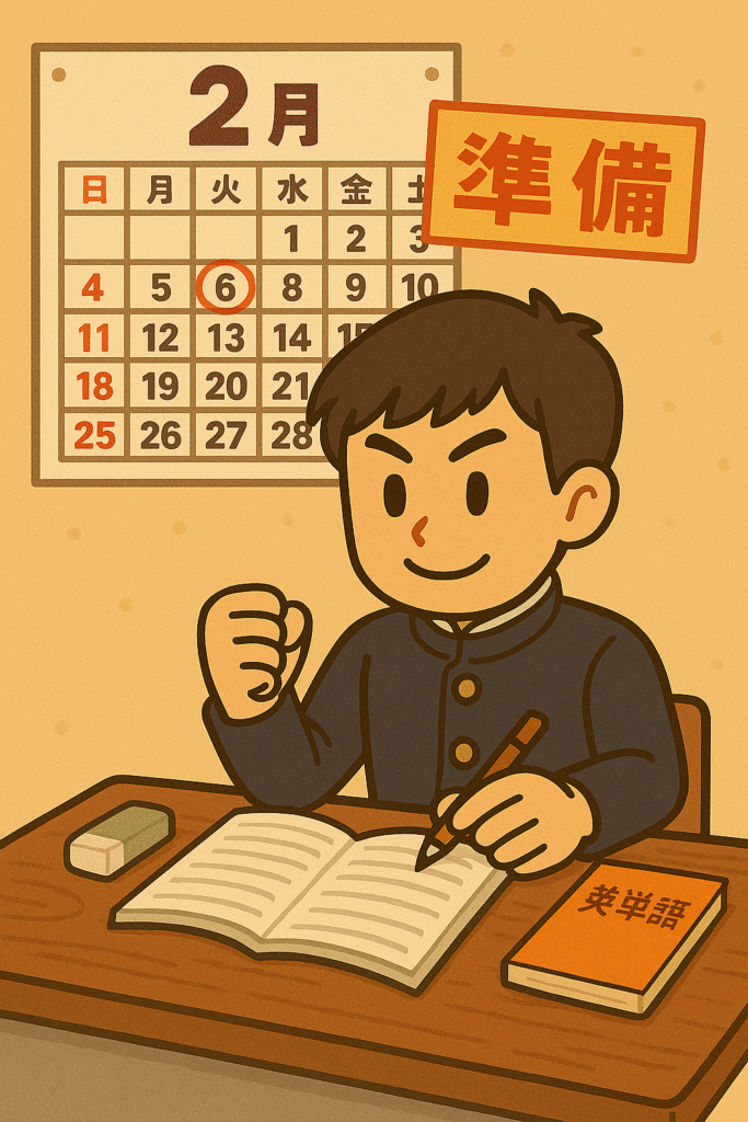 入試本番にむけて準備している男の子のイラスト
