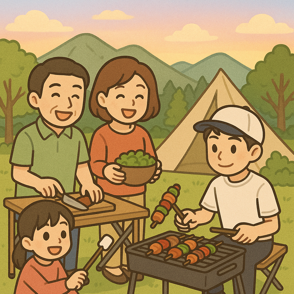 家族でキャンプを楽しんでいるイラスト