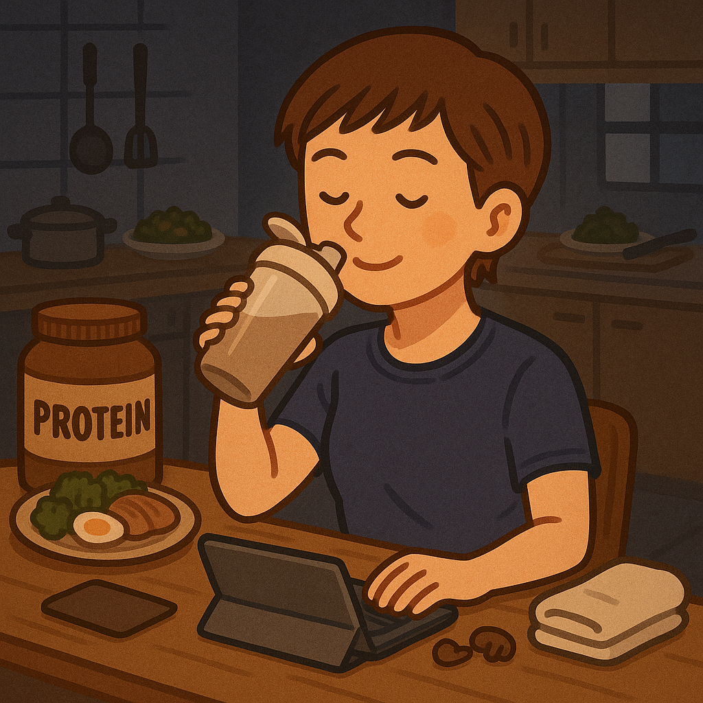 夜にプロティンを飲んでいるお母さんのイラスト