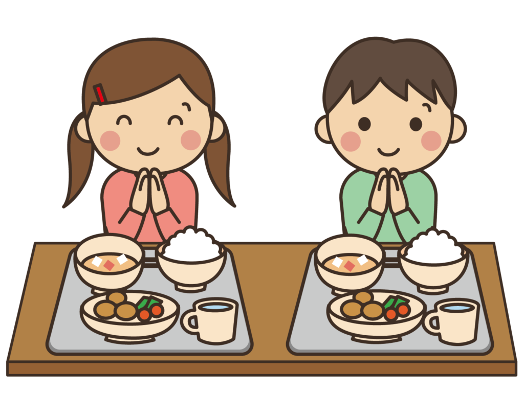 給食を食べている小学生のイラスト