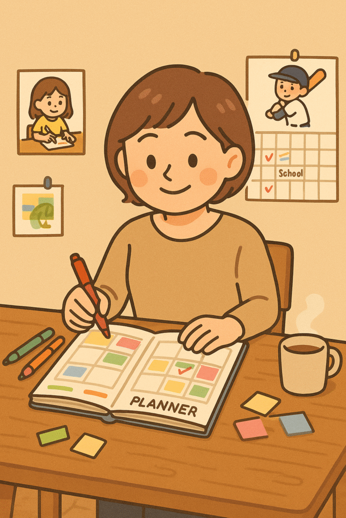 家族のスケジュールを調整しているお母さんのイラスト