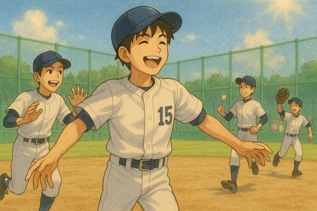 野球を楽しんでいる息子のイラスト