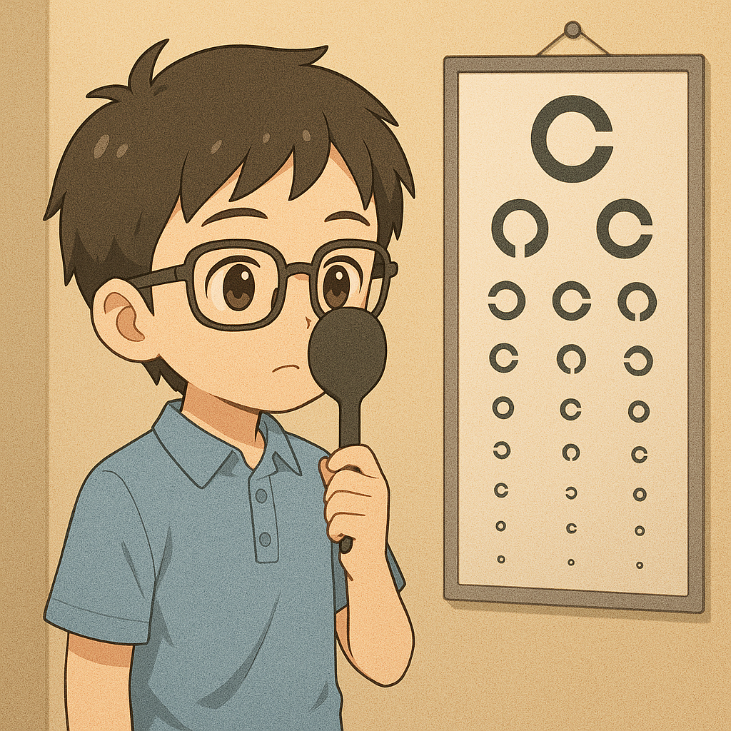 小学校の視力検査で視力低下が見つかった時の男の子のイラスト