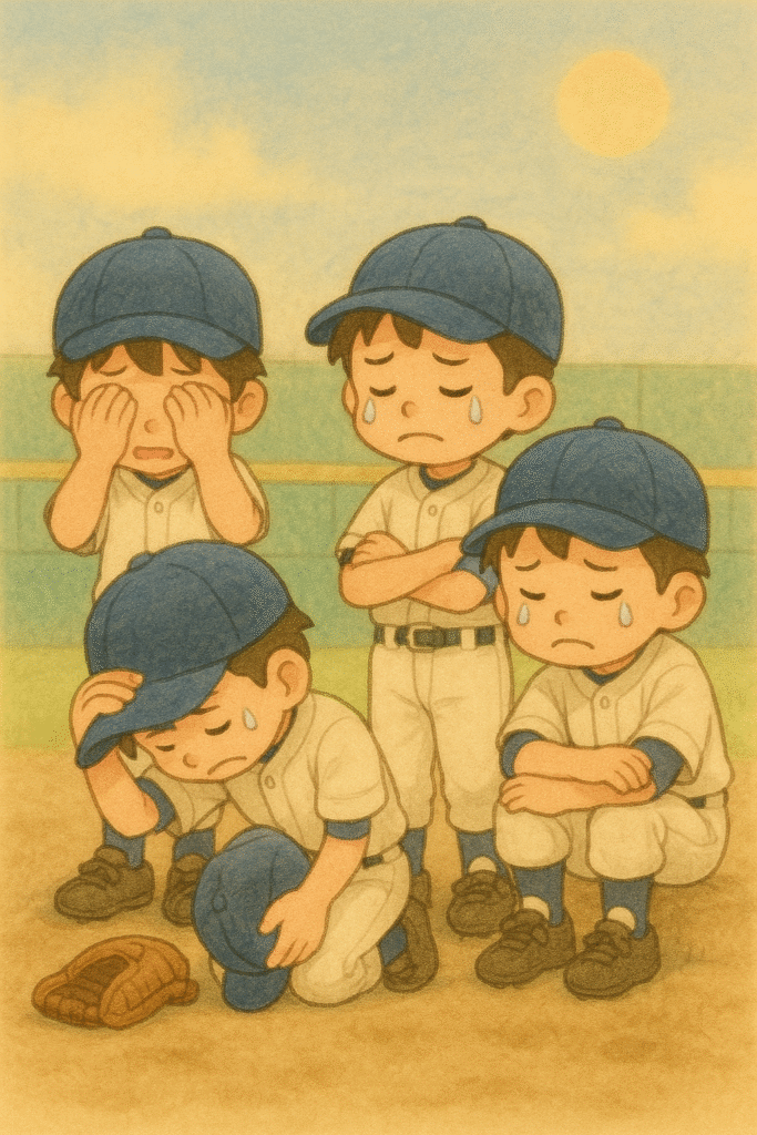 試合で負けて悔しがっている野球少年たち。