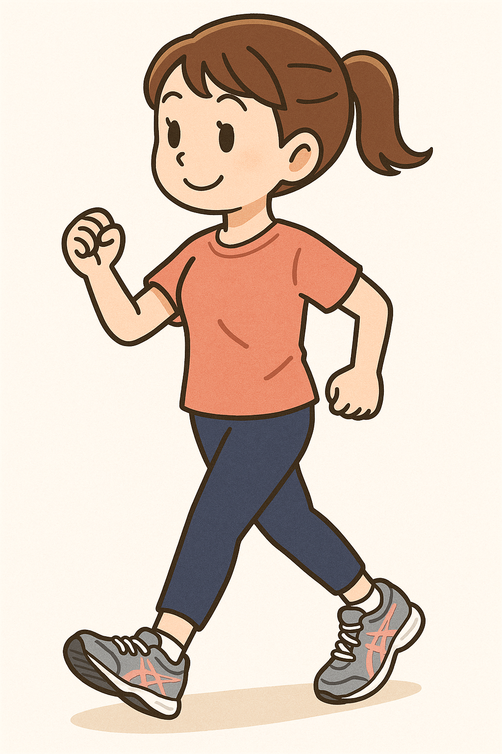アシックスのスニーカーを履いてウォーキングをしている女性のイラスト