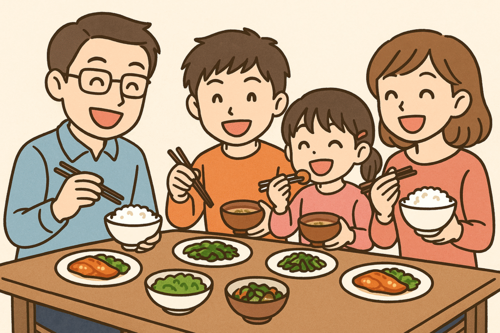 家族4人で楽しそうに夕食を食べているイラスト