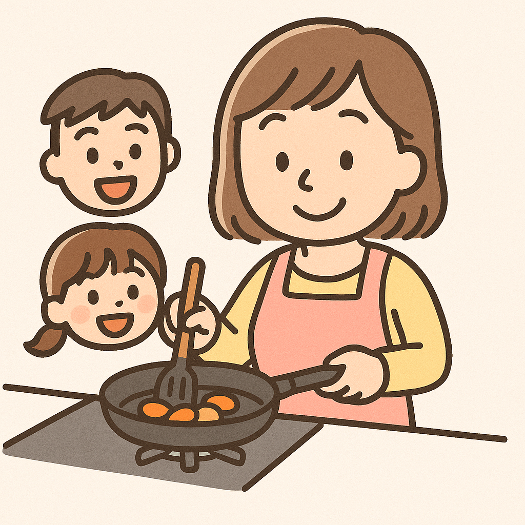 子供達のために夕食をつくる40代女性のイラスト