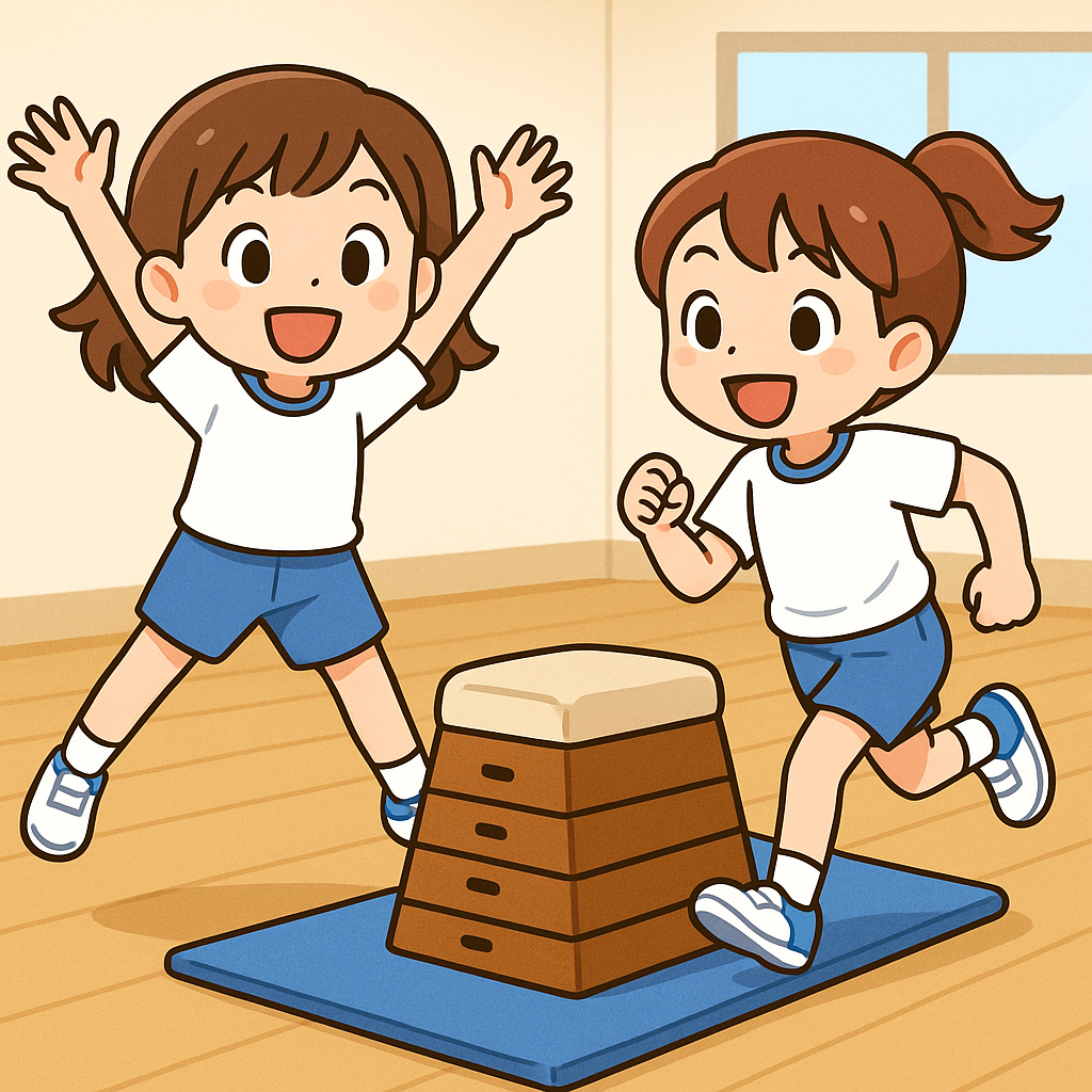 小学４年生の娘がお友達と楽しく体操教室で運動しているイラスト