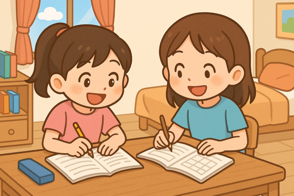小学４年生の娘がお友達と楽しく宿題をやっているイラスト