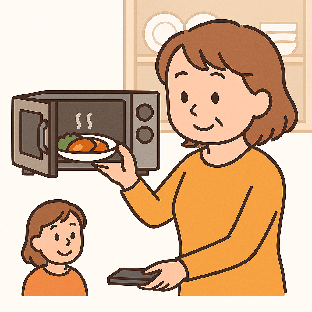 電子レンジで食事を温めている40代女性のイラスト