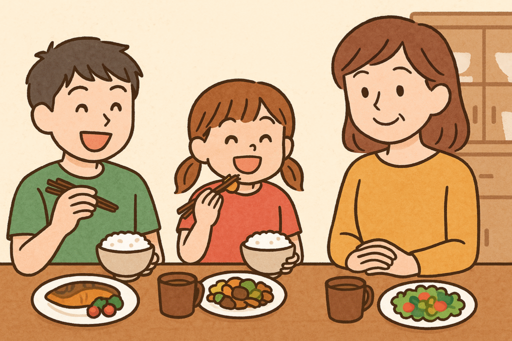 食べ盛りの男の子と女の子が美味しそうに食事をしているのを見守る40代女性のイラスト